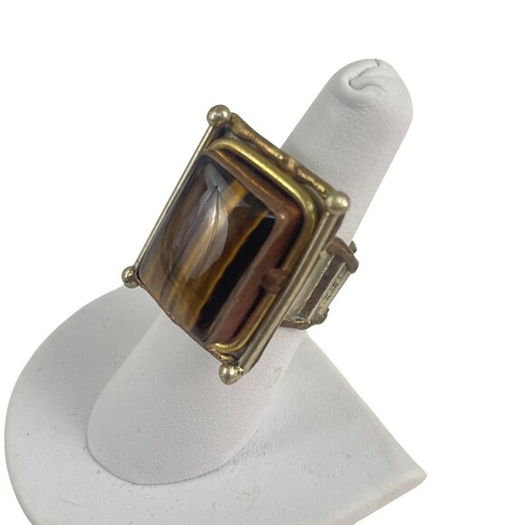 Vintage Gold-Plated Statement Ring With Rectangular Tigers Eye Gemstone & Adjust - Picture 6 of 9